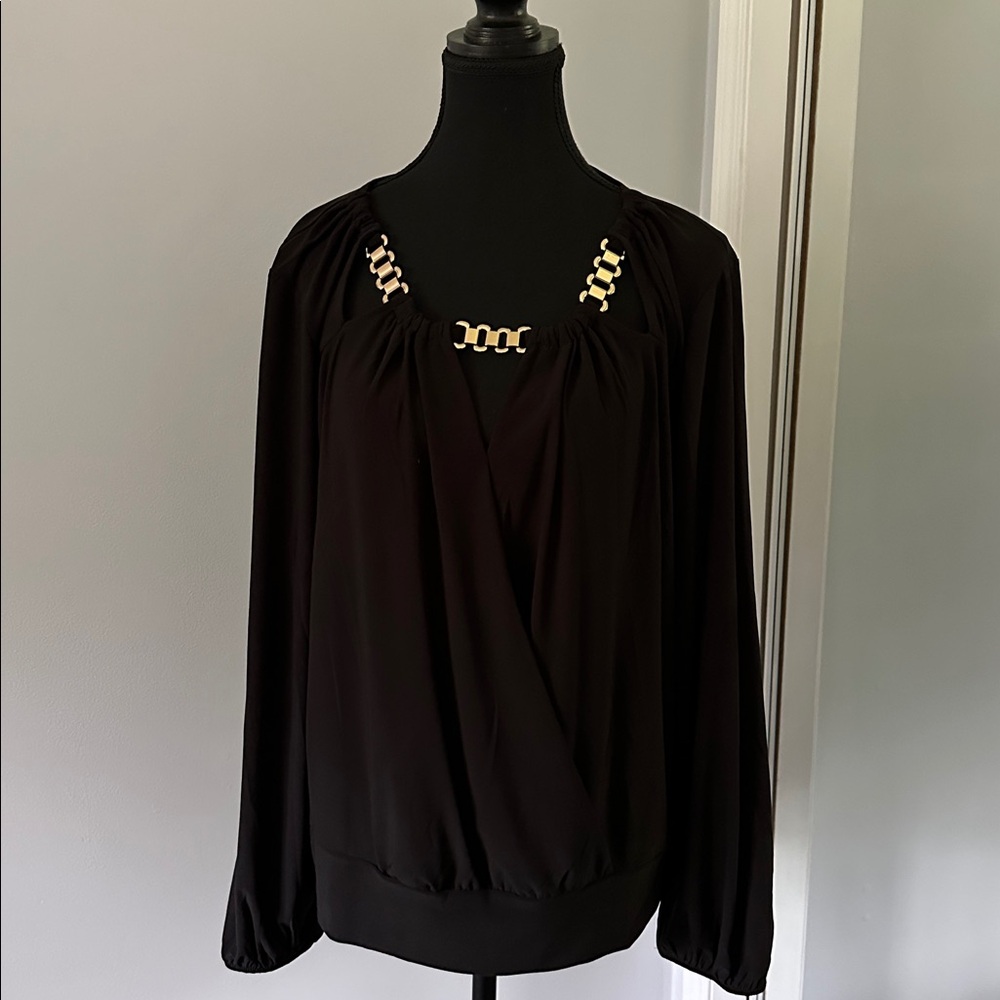 AUW Black Long Sleeve Blouse with Gold Chain Detail